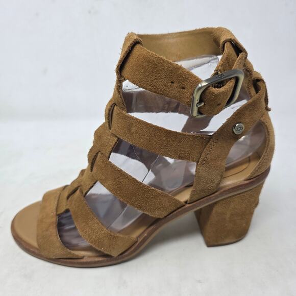 UGG Suede Gladiator Block Heel Sandals Tan Womens Size 7 - Picture 2 of 8